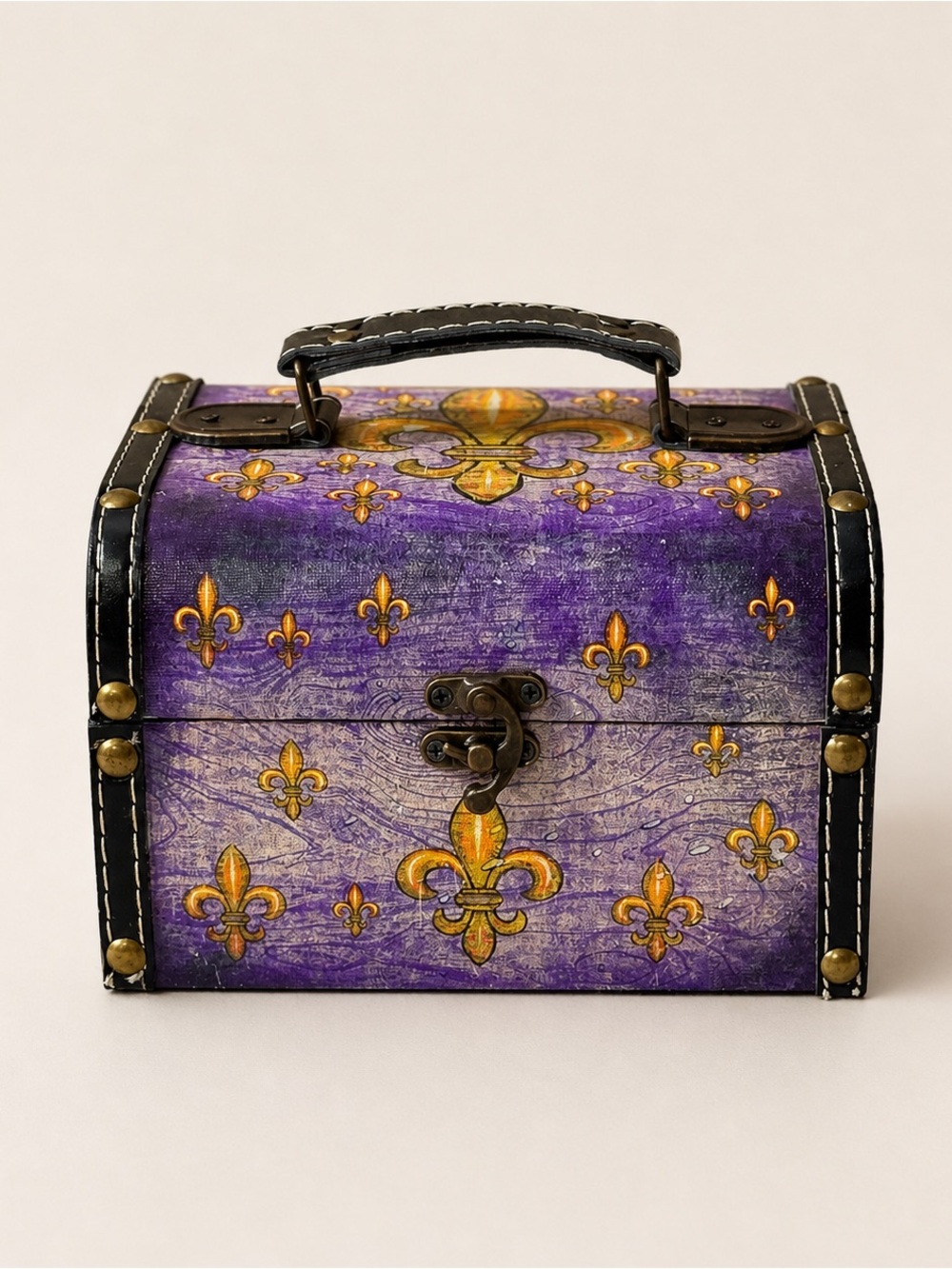 Vintage Purple Fleur De Lis Trinket Jewelry Box Chest Lockable